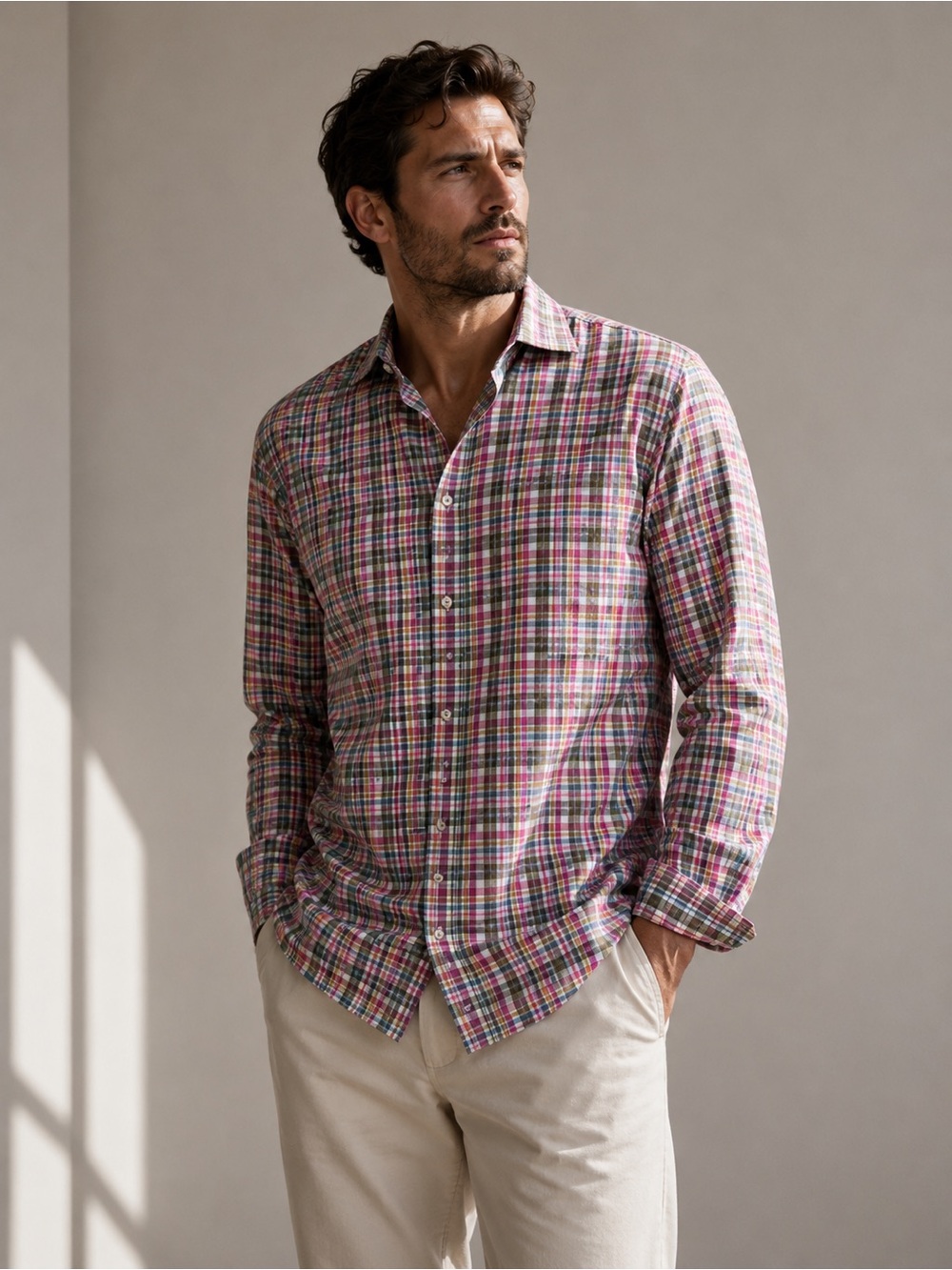 Peter Millar Button Down Cotton Plaid Spread Collar Large Mens Shirt